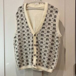 Vintage Sweater Vest Cream Brown Geometric Print Unisex Preppy L/XL